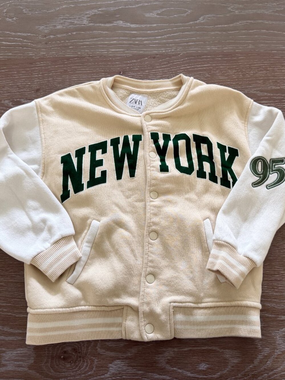 Girls Zara beige/green NYC button down varsity sweatshirt jacket size 9-10